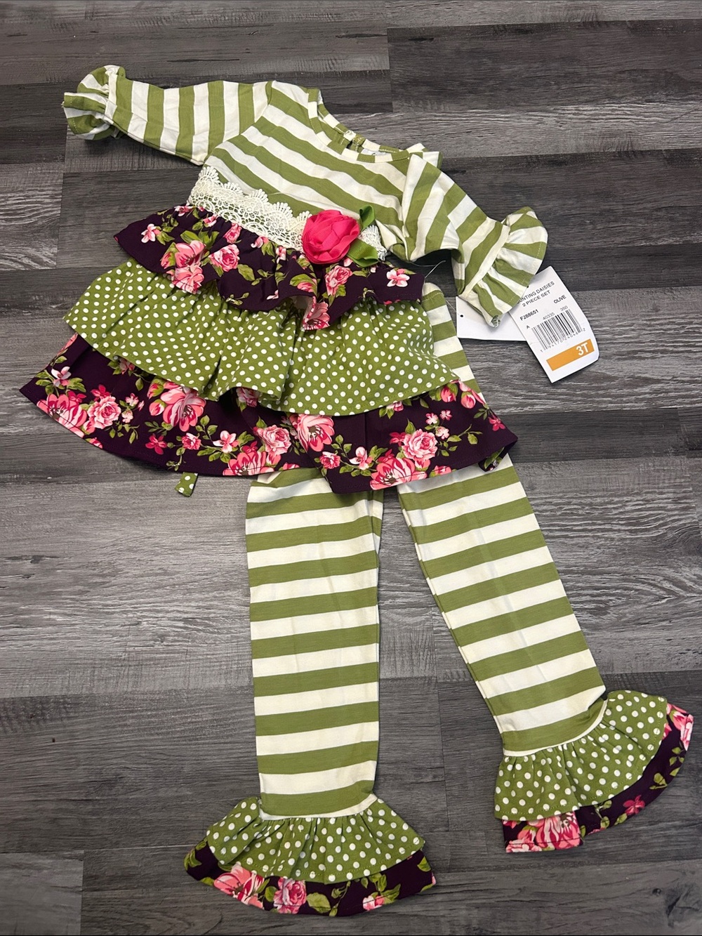 Girls Green Stripe & Floral Ruffle Set with Pink Rose Accent